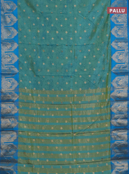 Semi raw silk saree dual shade of teal blue and cs blue with allover kalamkari prints & 1000 zari buttas and zari woven border