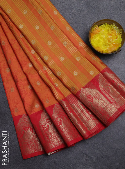Semi raw silk saree dual shade of orange and red with allover kalamkari prints & 1000 zari buttas and zari woven border