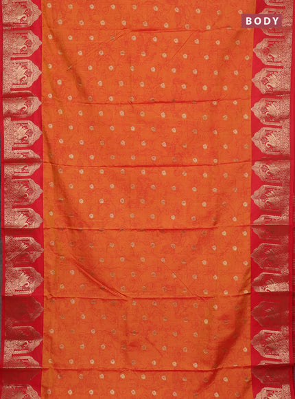 Semi raw silk saree dual shade of orange and red with allover kalamkari prints & 1000 zari buttas and zari woven border