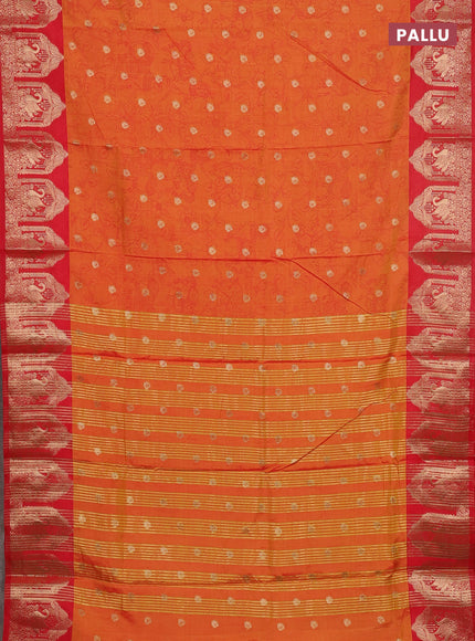 Semi raw silk saree dual shade of orange and red with allover kalamkari prints & 1000 zari buttas and zari woven border