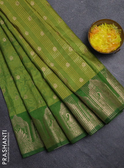 Semi raw silk saree light green and green with allover kalamkari prints & 1000 zari buttas and zari woven border