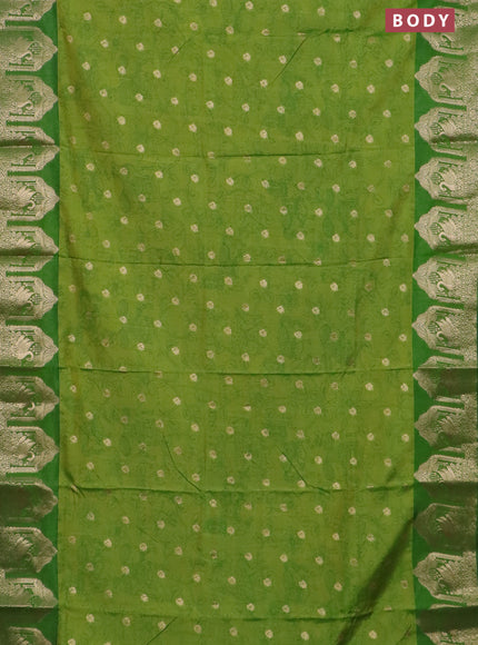Semi raw silk saree light green and green with allover kalamkari prints & 1000 zari buttas and zari woven border