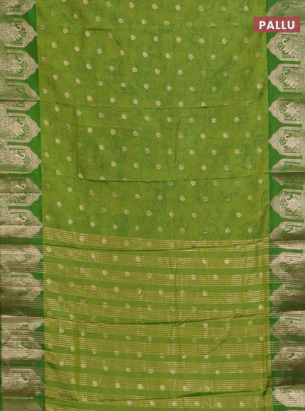 Semi raw silk saree light green and green with allover kalamkari prints & 1000 zari buttas and zari woven border