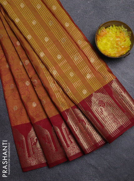 Semi raw silk saree dark mustard and maroon with allover kalamkari prints & 1000 zari buttas and zari woven border