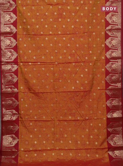 Semi raw silk saree dark mustard and maroon with allover kalamkari prints & 1000 zari buttas and zari woven border