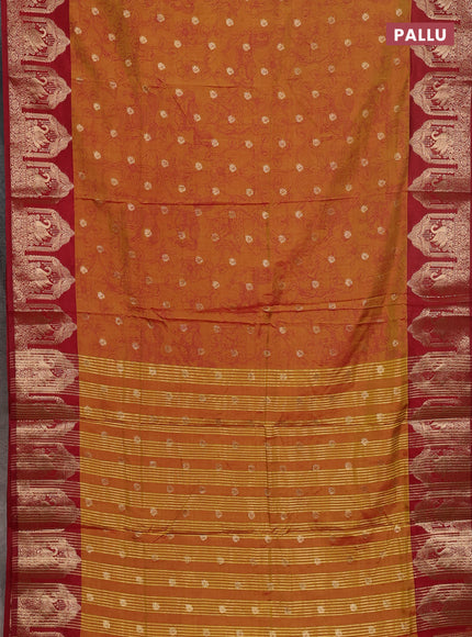Semi raw silk saree dark mustard and maroon with allover kalamkari prints & 1000 zari buttas and zari woven border