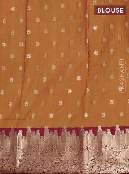 Semi raw silk saree dual shade of dark mustard and maroon with allover kalamkari prints & 1000 zari buttas and temple design zari woven border