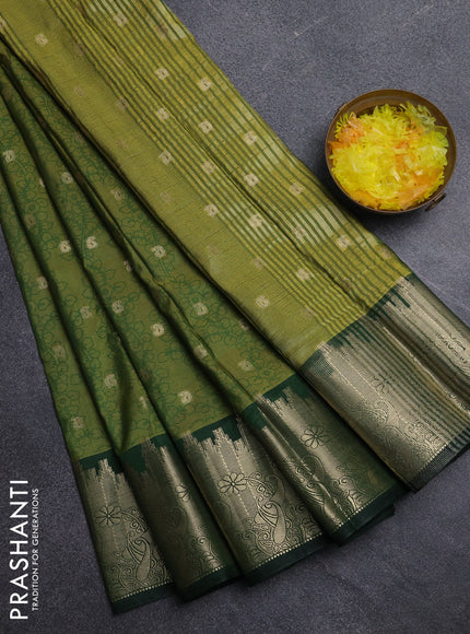 Semi raw silk saree mehendi green and bottle green with allover kalamkari prints & 1000 zari buttas and temple design zari woven border