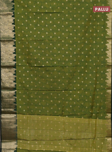 Semi raw silk saree mehendi green and bottle green with allover kalamkari prints & 1000 zari buttas and temple design zari woven border