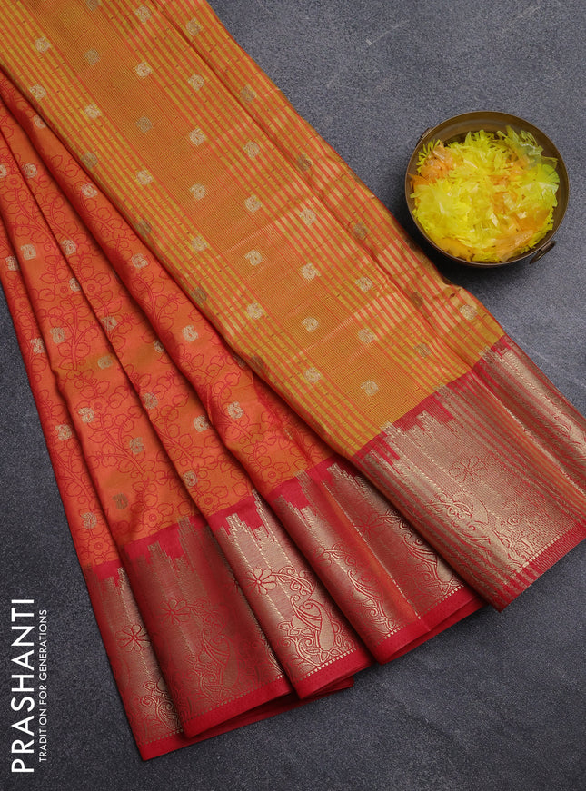 Semi raw silk saree dual shade of orange and red with allover kalamkari prints & 1000 zari buttas and temple design zari woven border