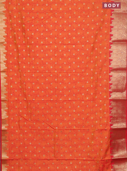 Semi raw silk saree dual shade of orange and red with allover kalamkari prints & 1000 zari buttas and temple design zari woven border