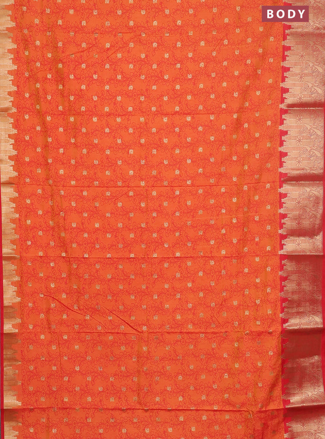 Semi raw silk saree dual shade of orange and red with allover kalamkari prints & 1000 zari buttas and temple design zari woven border