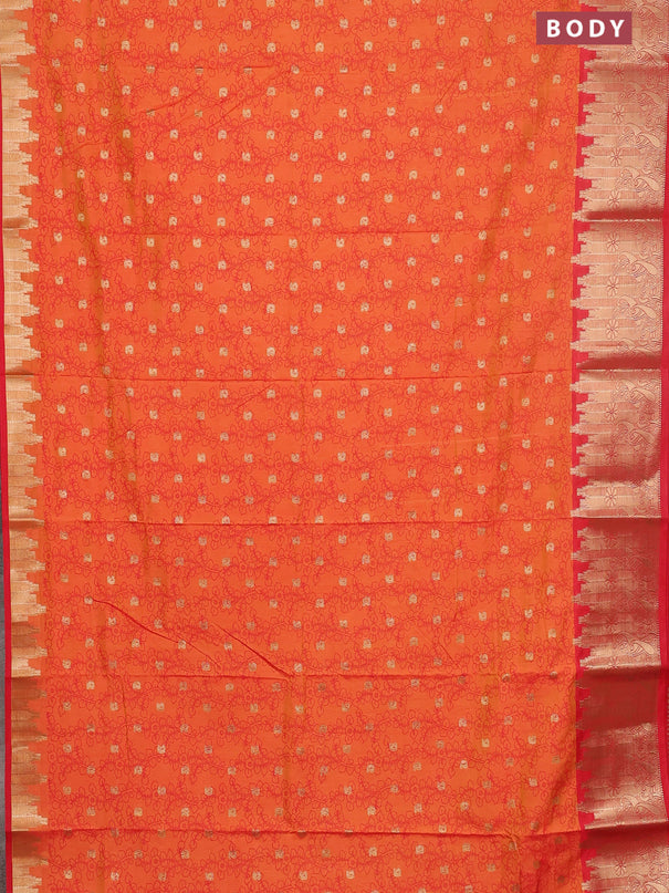 Semi raw silk saree dual shade of orange and red with allover kalamkari prints & 1000 zari buttas and temple design zari woven border