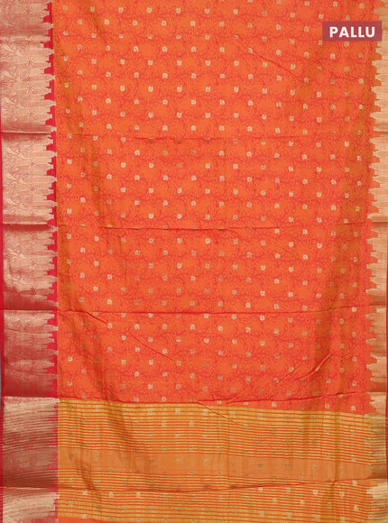 Semi raw silk saree dual shade of orange and red with allover kalamkari prints & 1000 zari buttas and temple design zari woven border