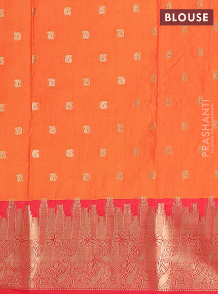 Semi raw silk saree dual shade of orange and red with allover kalamkari prints & 1000 zari buttas and temple design zari woven border