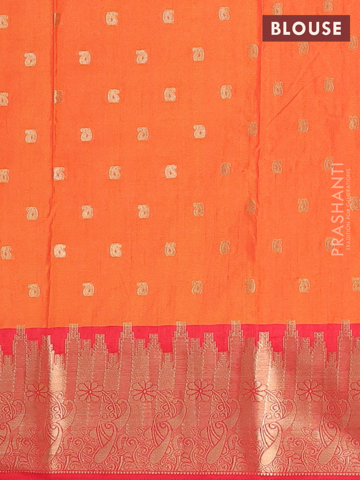 Semi raw silk saree dual shade of orange and red with allover kalamkari prints & 1000 zari buttas and temple design zari woven border