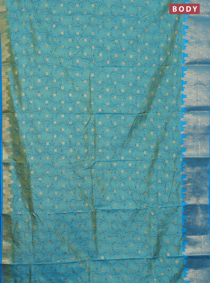 Semi raw silk saree dual shade of teal blue and cs blue with allover kalamkari prints & 1000 zari buttas and temple design zari woven border