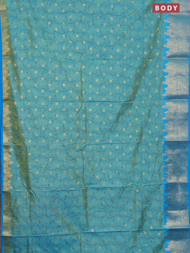 Semi raw silk saree dual shade of teal blue and cs blue with allover kalamkari prints & 1000 zari buttas and temple design zari woven border