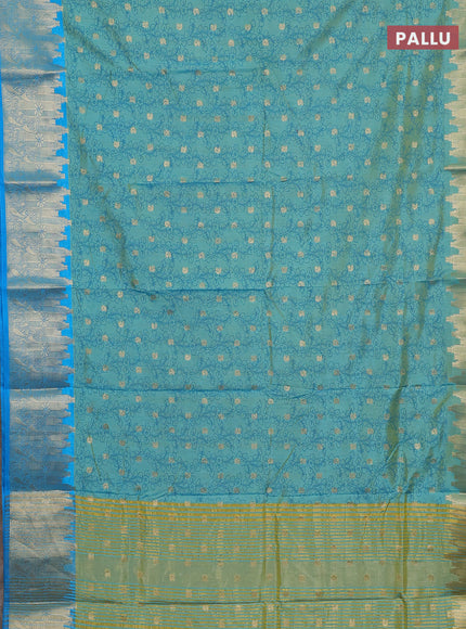 Semi raw silk saree dual shade of teal blue and cs blue with allover kalamkari prints & 1000 zari buttas and temple design zari woven border