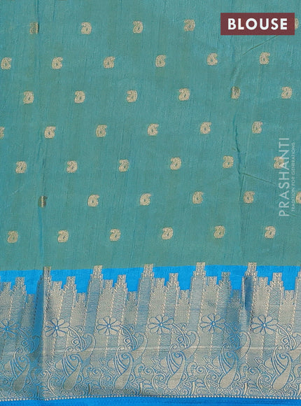 Semi raw silk saree dual shade of teal blue and cs blue with allover kalamkari prints & 1000 zari buttas and temple design zari woven border