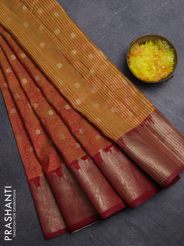 Semi raw silk saree dark mustard and maroon with allover kalamkari prints & 1000 zari buttas and temple design zari woven border