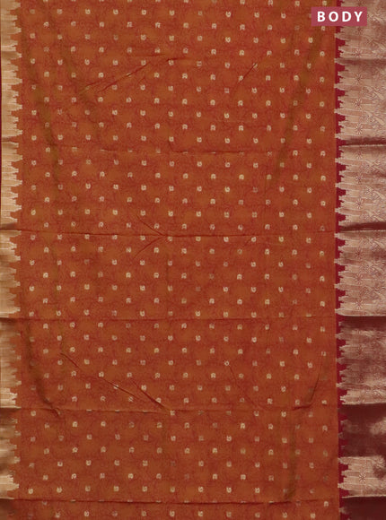 Semi raw silk saree dark mustard and maroon with allover kalamkari prints & 1000 zari buttas and temple design zari woven border