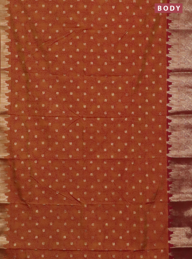 Semi raw silk saree dark mustard and maroon with allover kalamkari prints & 1000 zari buttas and temple design zari woven border