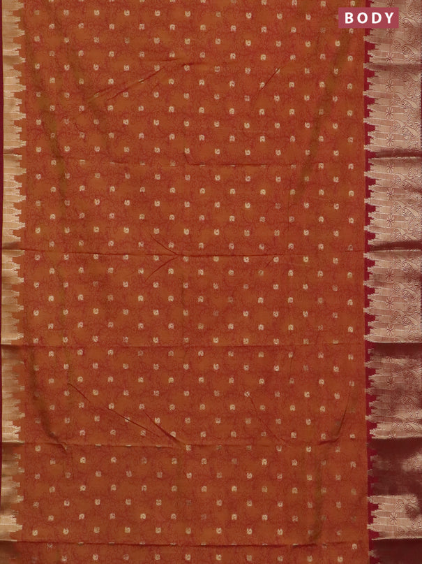Semi raw silk saree dark mustard and maroon with allover kalamkari prints & 1000 zari buttas and temple design zari woven border