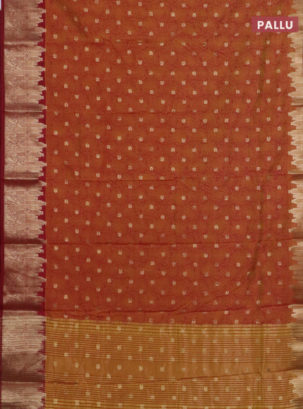 Semi raw silk saree dark mustard and maroon with allover kalamkari prints & 1000 zari buttas and temple design zari woven border