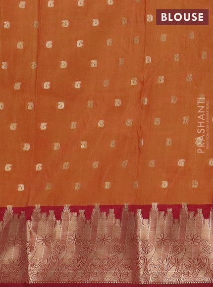 Semi raw silk saree dark mustard and maroon with allover kalamkari prints & 1000 zari buttas and temple design zari woven border