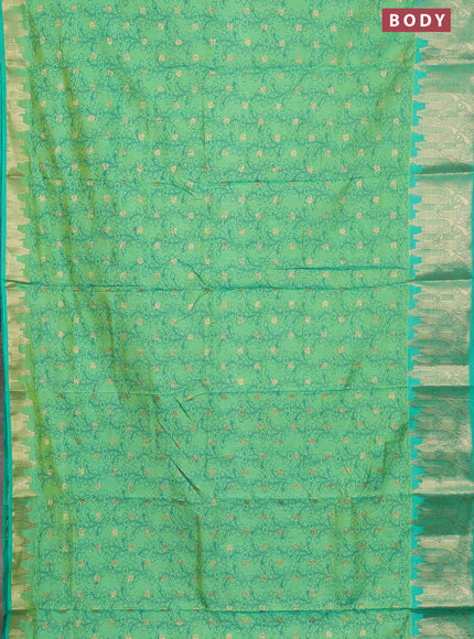 Semi raw silk saree dual shade of light gren and teal green with allover kalamkari prints & 1000 zari buttas and temple design zari woven border