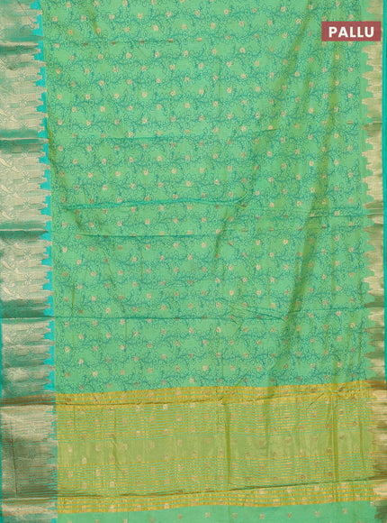 Semi raw silk saree dual shade of light gren and teal green with allover kalamkari prints & 1000 zari buttas and temple design zari woven border