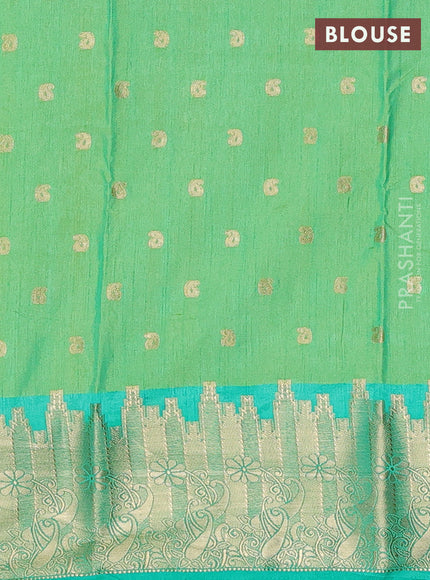 Semi raw silk saree dual shade of light gren and teal green with allover kalamkari prints & 1000 zari buttas and temple design zari woven border