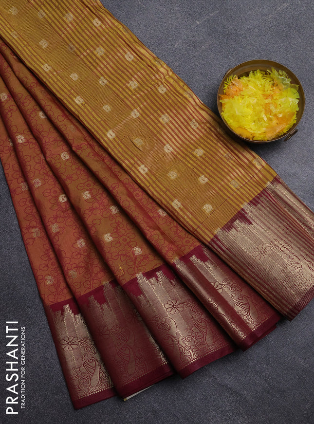 Semi raw silk saree dark mustard and maroon with allover kalamkari prints & 1000 zari buttas and temple design zari woven border