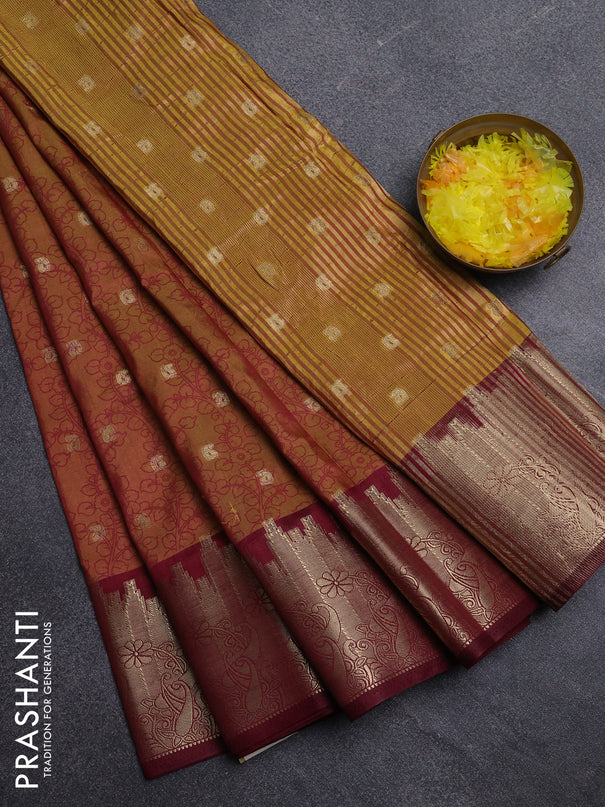 Semi raw silk saree dark mustard and maroon with allover kalamkari prints & 1000 zari buttas and temple design zari woven border