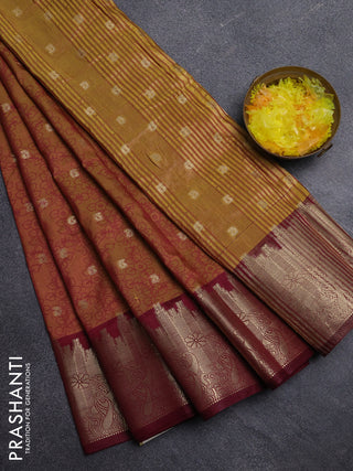 Semi raw silk saree dark mustard and maroon with allover kalamkari prints & 1000 zari buttas and temple design zari woven border