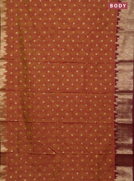 Semi raw silk saree dark mustard and maroon with allover kalamkari prints & 1000 zari buttas and temple design zari woven border