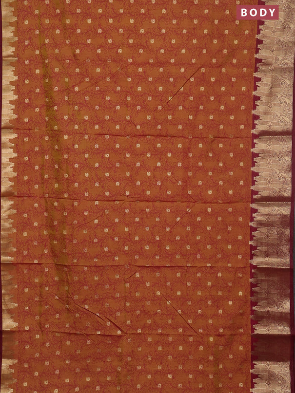 Semi raw silk saree dark mustard and maroon with allover kalamkari prints & 1000 zari buttas and temple design zari woven border