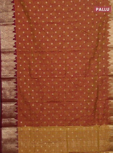 Semi raw silk saree dark mustard and maroon with allover kalamkari prints & 1000 zari buttas and temple design zari woven border