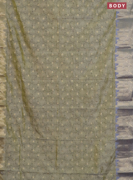 Semi raw silk saree elaichi green and grey with allover kalamkari prints & 1000 zari buttas and temple design zari woven border