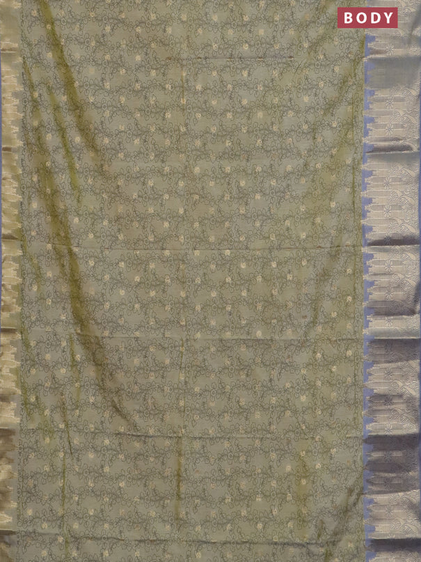 Semi raw silk saree elaichi green and grey with allover kalamkari prints & 1000 zari buttas and temple design zari woven border