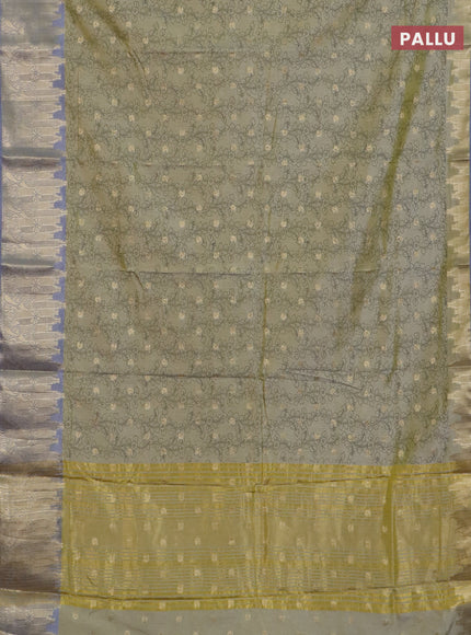 Semi raw silk saree elaichi green and grey with allover kalamkari prints & 1000 zari buttas and temple design zari woven border