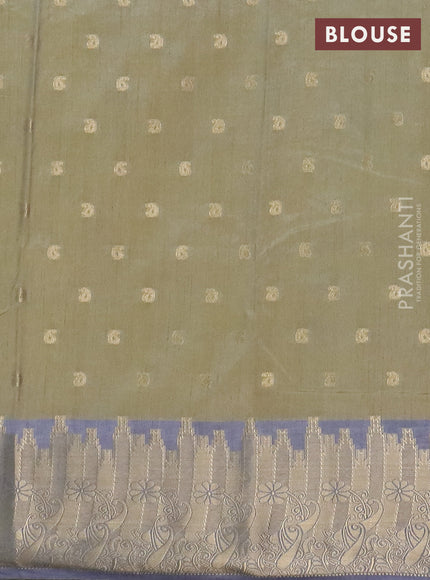 Semi raw silk saree elaichi green and grey with allover kalamkari prints & 1000 zari buttas and temple design zari woven border