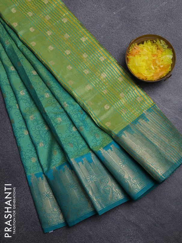 Semi raw silk saree dual shade of teal green and green with allover kalamkari prints & 1000 zari buttas and temple design zari woven border