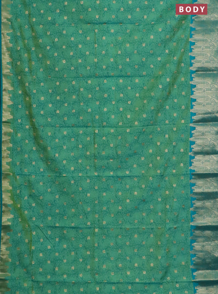 Semi raw silk saree dual shade of teal green and green with allover kalamkari prints & 1000 zari buttas and temple design zari woven border
