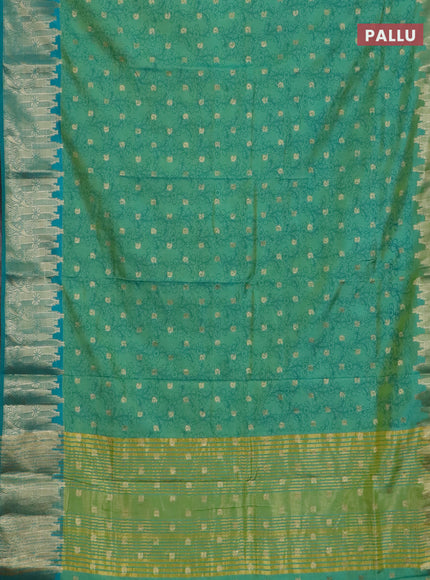 Semi raw silk saree dual shade of teal green and green with allover kalamkari prints & 1000 zari buttas and temple design zari woven border