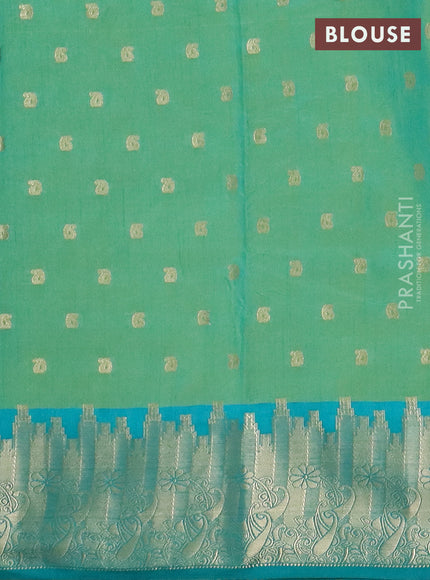 Semi raw silk saree dual shade of teal green and green with allover kalamkari prints & 1000 zari buttas and temple design zari woven border