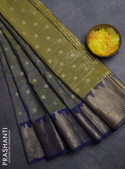 Semi raw silk saree mehendi green and blue with allover kalamkari prints & 1000 zari buttas and temple design zari woven border
