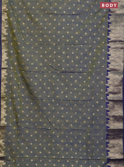 Semi raw silk saree mehendi green and blue with allover kalamkari prints & 1000 zari buttas and temple design zari woven border