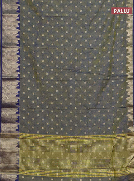 Semi raw silk saree mehendi green and blue with allover kalamkari prints & 1000 zari buttas and temple design zari woven border